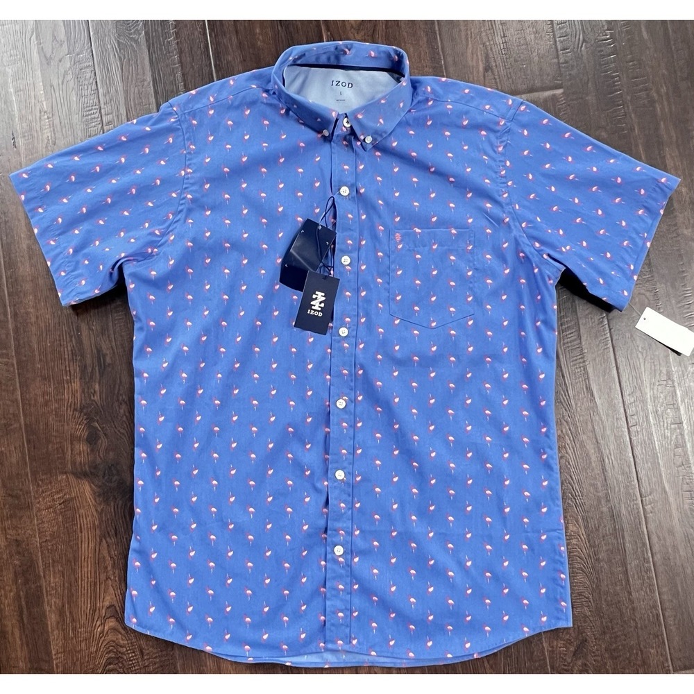 Mens IZOD Breeze Button Up Shirt Size L Blue Pink Flamingo Allover Print NWT